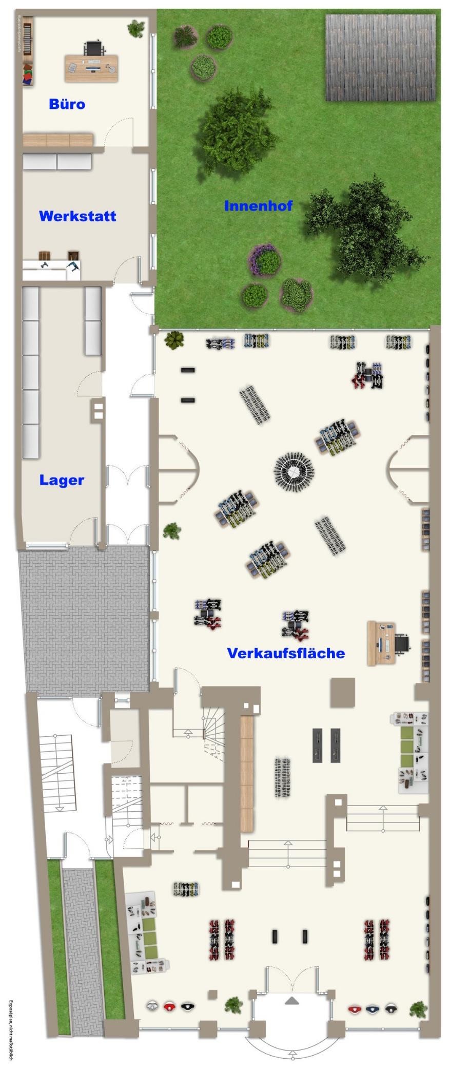 Grundriss des Erdgeschosses: langgestreckte Verkaufsfläche zur Frauenstraße, dahinter Lager, Werkstatt und Büro, seitlich der Innenhof mit Garten