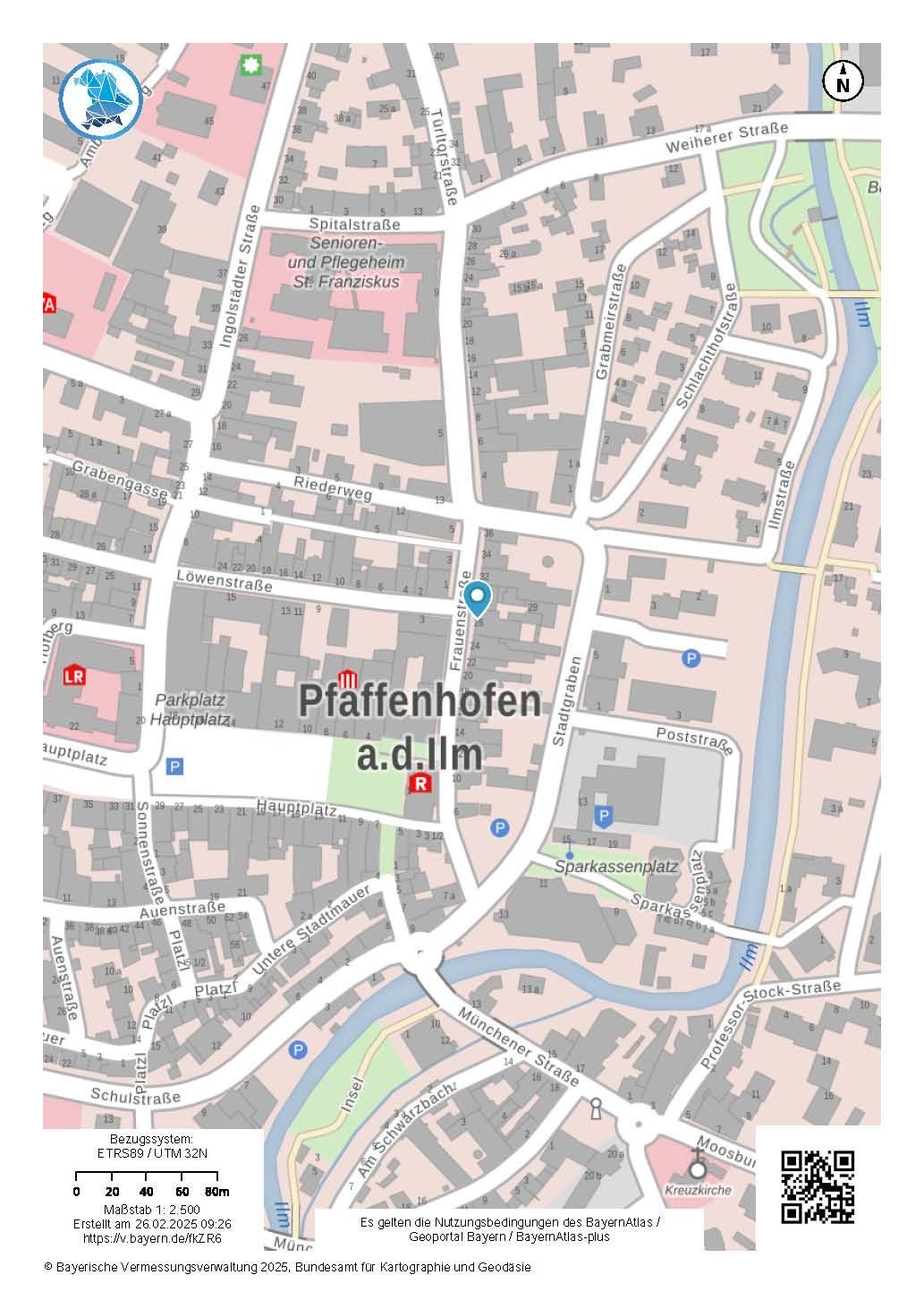 Stadtplan von Pfaffenhofen a. d. Ilm: die Frauenstraße 26 liegt wenige Schritte nördlich des Hauptplatzes